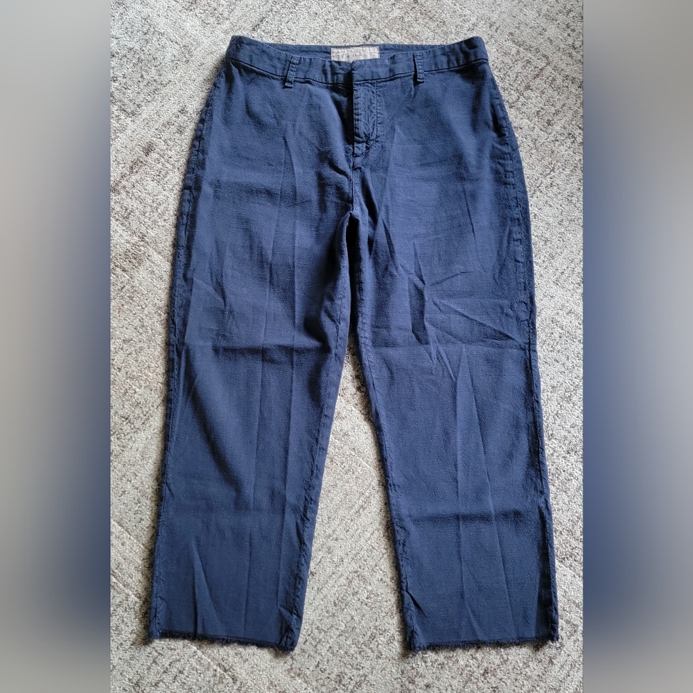 Frank & Eileen Navy‎ Blue Kinsale Cotton Flax Linen Cropped Trousers Size 12